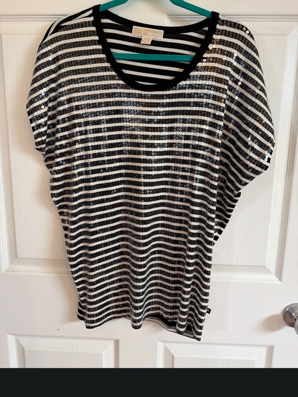 MICHAEL Michael Kors Black and White Sequin Stripe short sleeve Top